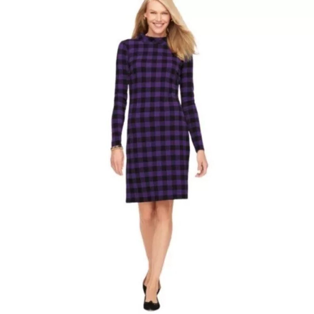 Talbots Dress Long Sleeve Purple and Black Plaid Buffalo Check NWOT Size M